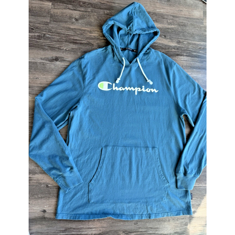 Champion Spellout Hoodie Mens L Teal Blue Lightweight Cotton Hooded T Shirt